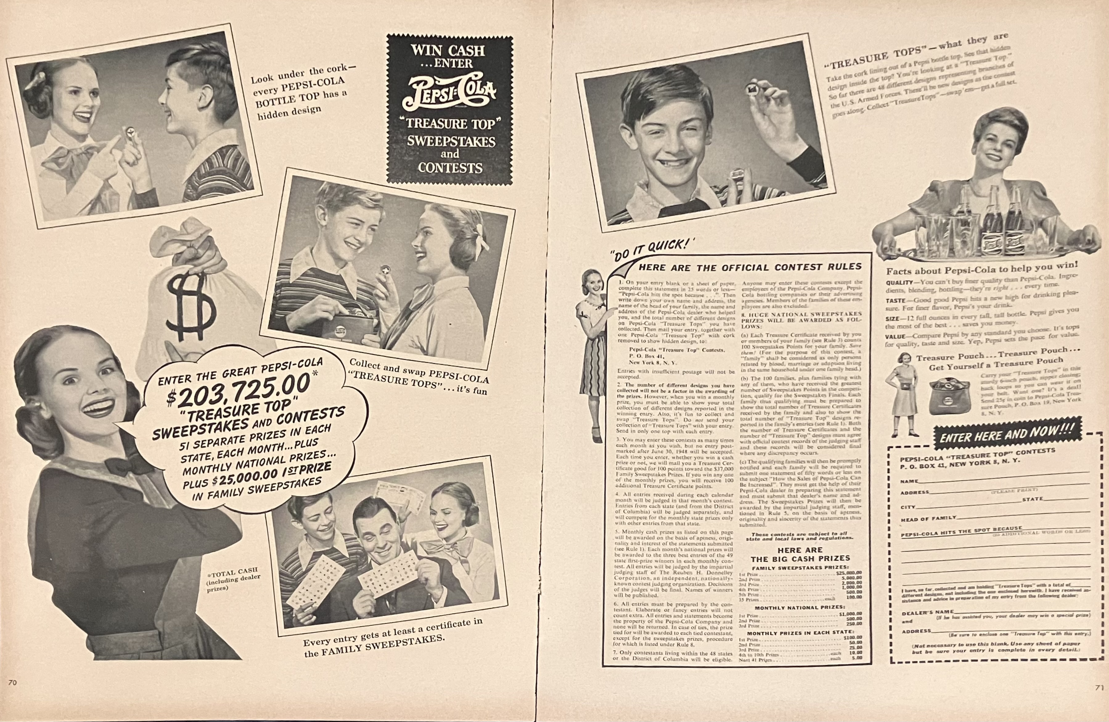 Two page print add for Pepsi Treasure Tops contests