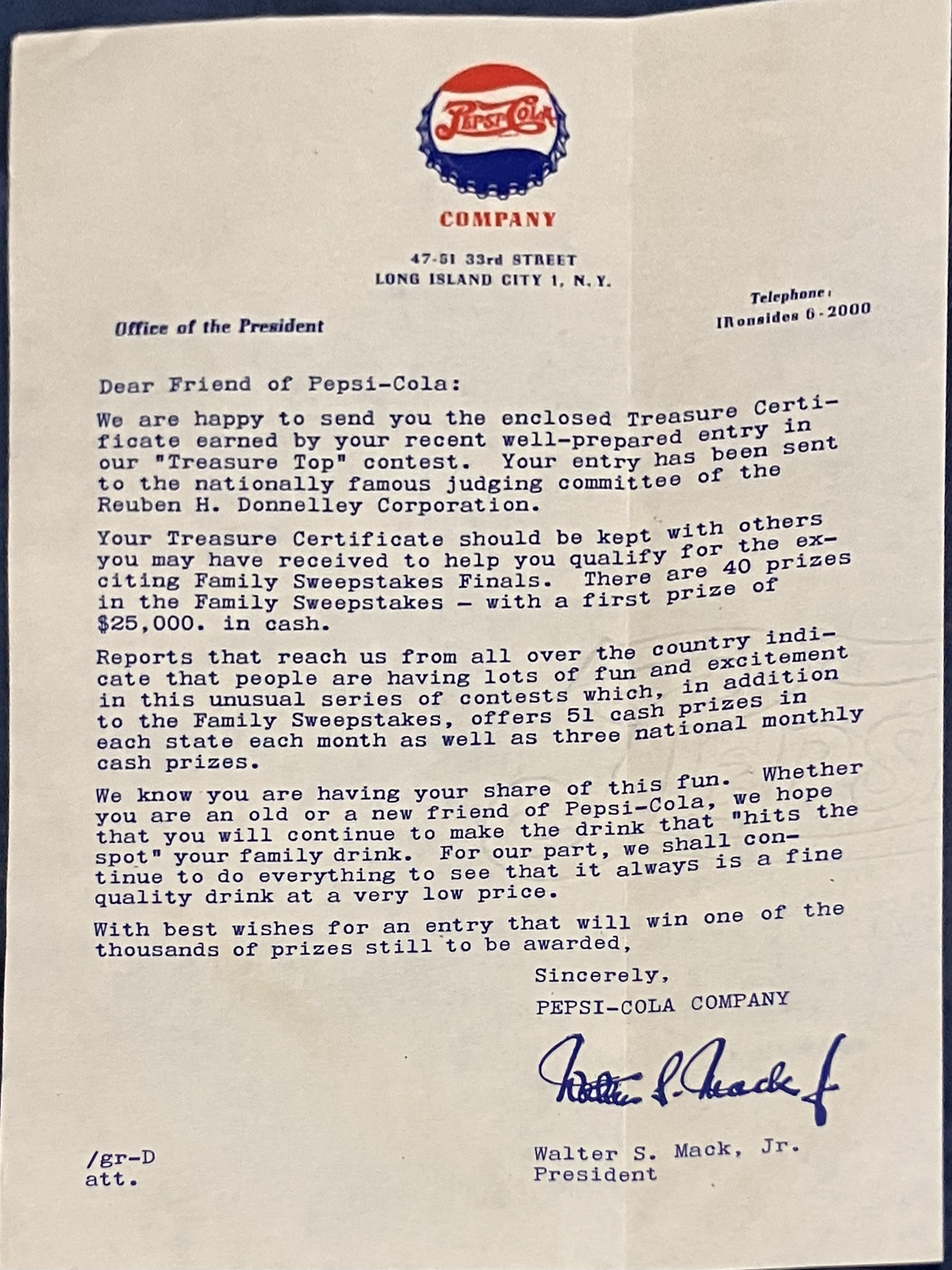 letter from Pepsi president on Pepsi watermark stationery